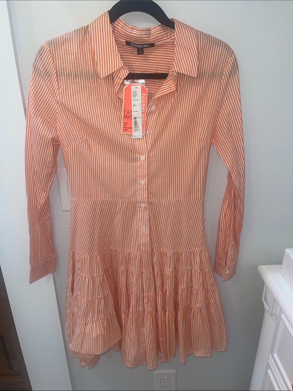 Gianni Bini Peach & White Striped Button-Front Tiered Dress